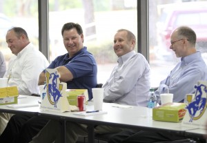 Kelly Kelner ’90, Ed Colvin ’83, Len Tipton ’86, and Mason Cozart ’83 enjoy sharing stories of times while at SAU.