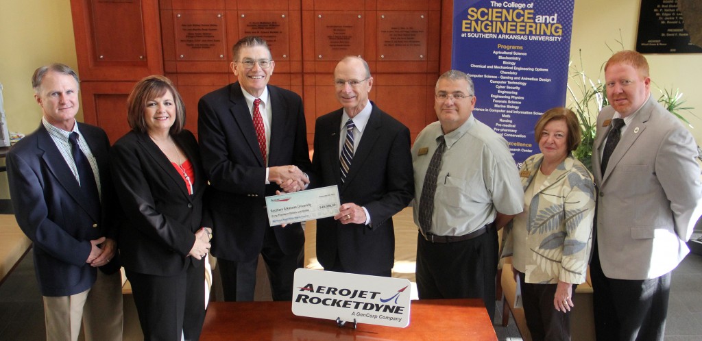 GenCorp Foundation, the philanthropic arm of GenCorp and its subsidiary company Aerojet Rocketdyne of Camden, recently gave $40,000 to SAU’s Engineering program. Pictured, from left, are Aerojet Rocketdyne representatives Gary Vaughan, executive director of Camden operations, Connie Wilbur, human resources manager, and Rob Shenton, vice president of solid propulsion operations; from SAU, President Dr. David Rankin, Dean of the College of Science and Engineering Dr. Scott McKay, Director of the SAU Foundation Jeanie Bismark and Assistant Vice President for Development Josh Kee.